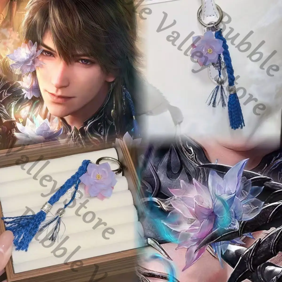 

Anime Love and Deepspace Caleb Cosplay Handmade Twin Lotus Pigtail Bag Pendant Cartoon Keychain Keyring Adorn Gift