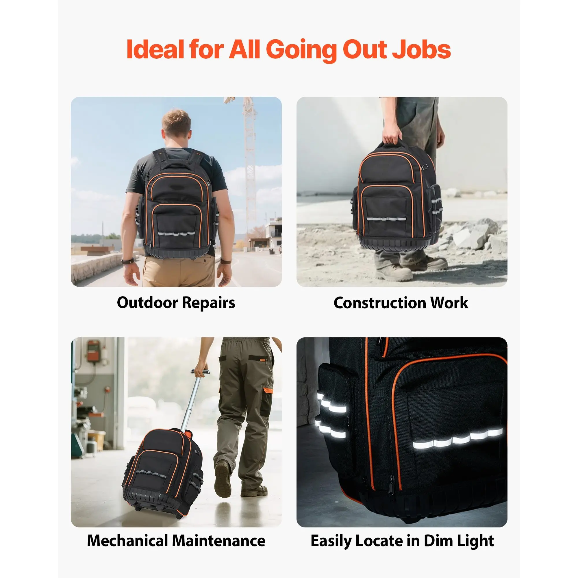 Rolling Tool Backpack, 110 lbs Load Capacity, 45 Pockets Heavy Duty Roller Bag on Wheels, Adjustable Telescoping Handle & Stable
