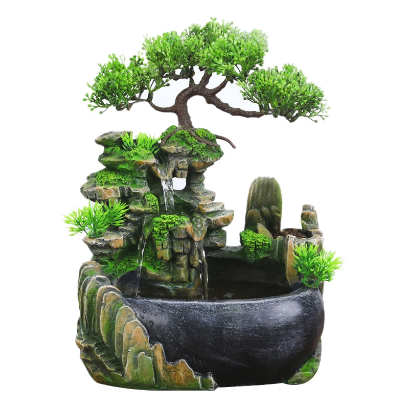 Promotion! EU Plug,Indoor Simulation Resin Rockery Waterscape Feng Shui Water Fountain Home Desktop Decoration Crafts