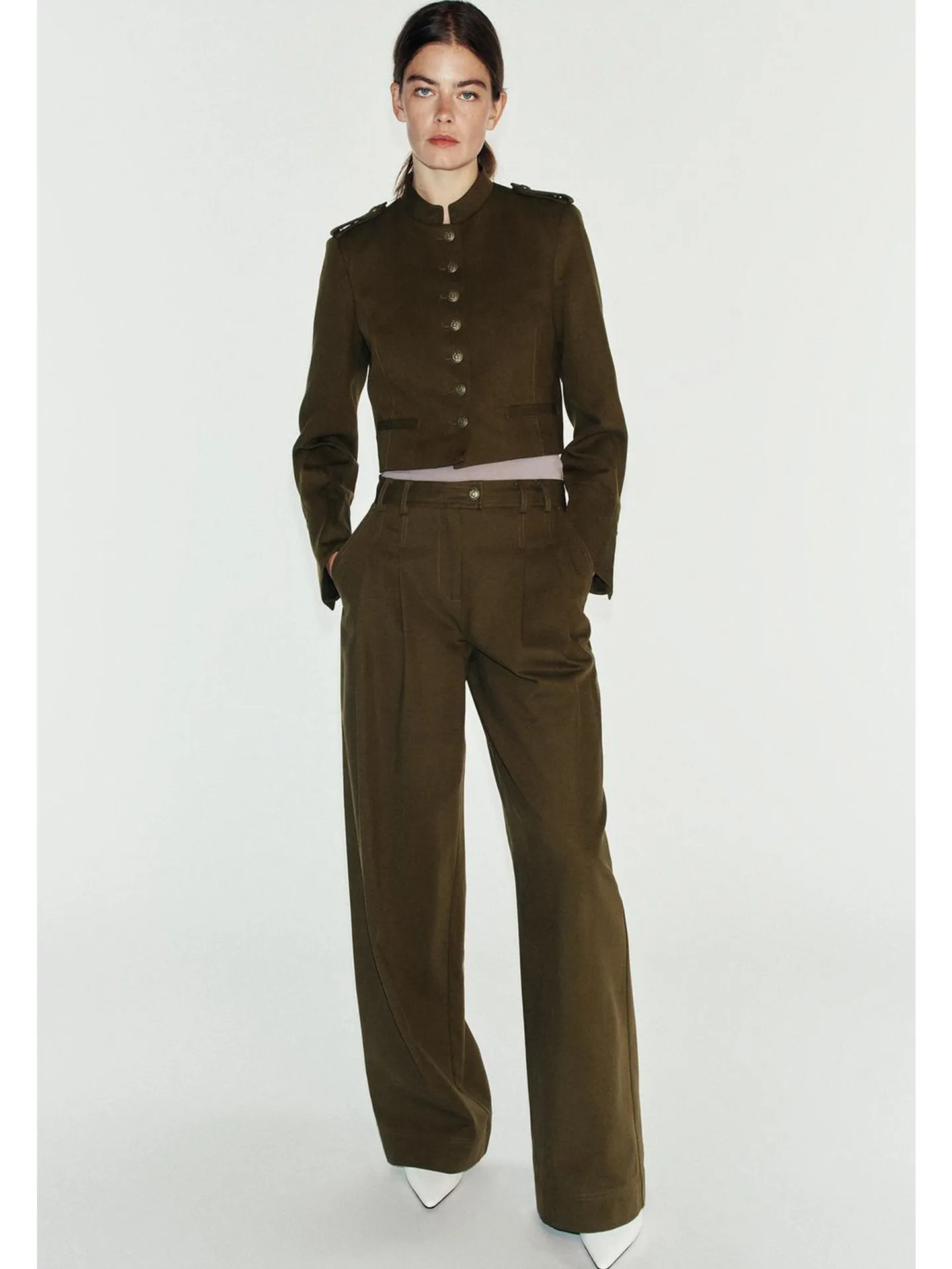 Casual Wide Leg Pants Long Sleeve Stand Collar Buckle Decorated Shoulder Pad Short Jacket High Waist Pleated Loose Leg Pants