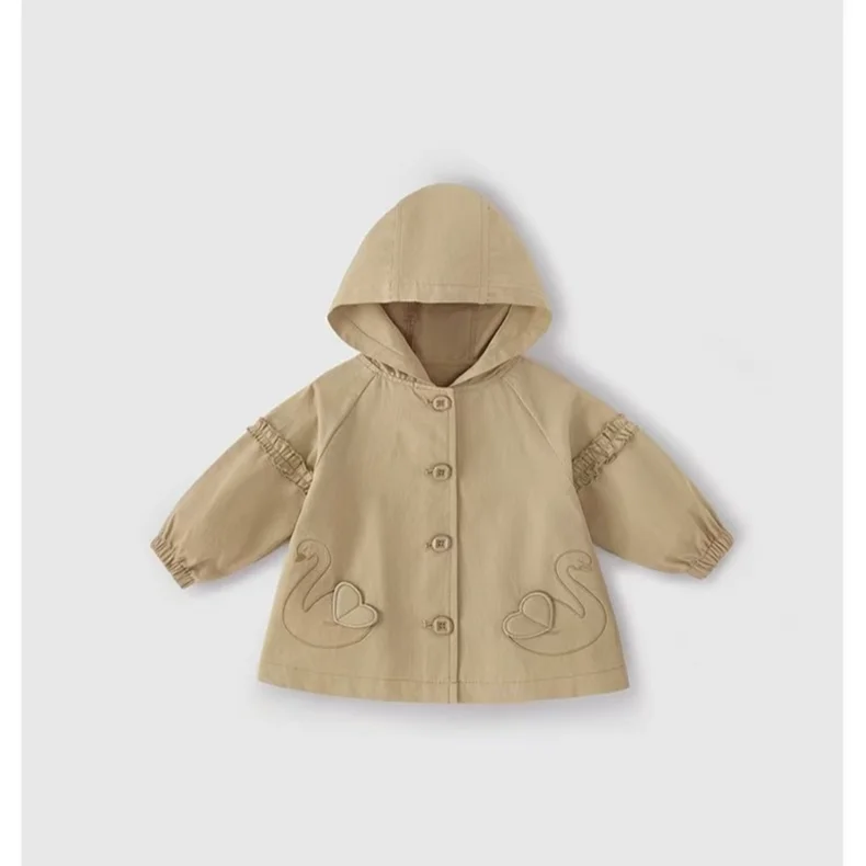 Toddler Girl Hooded Windproof Jacket Khaki Swan Pattern Decor Ruffle Cuff Loose A-line Coat Kids Casual Spring Fall Outer Clothe