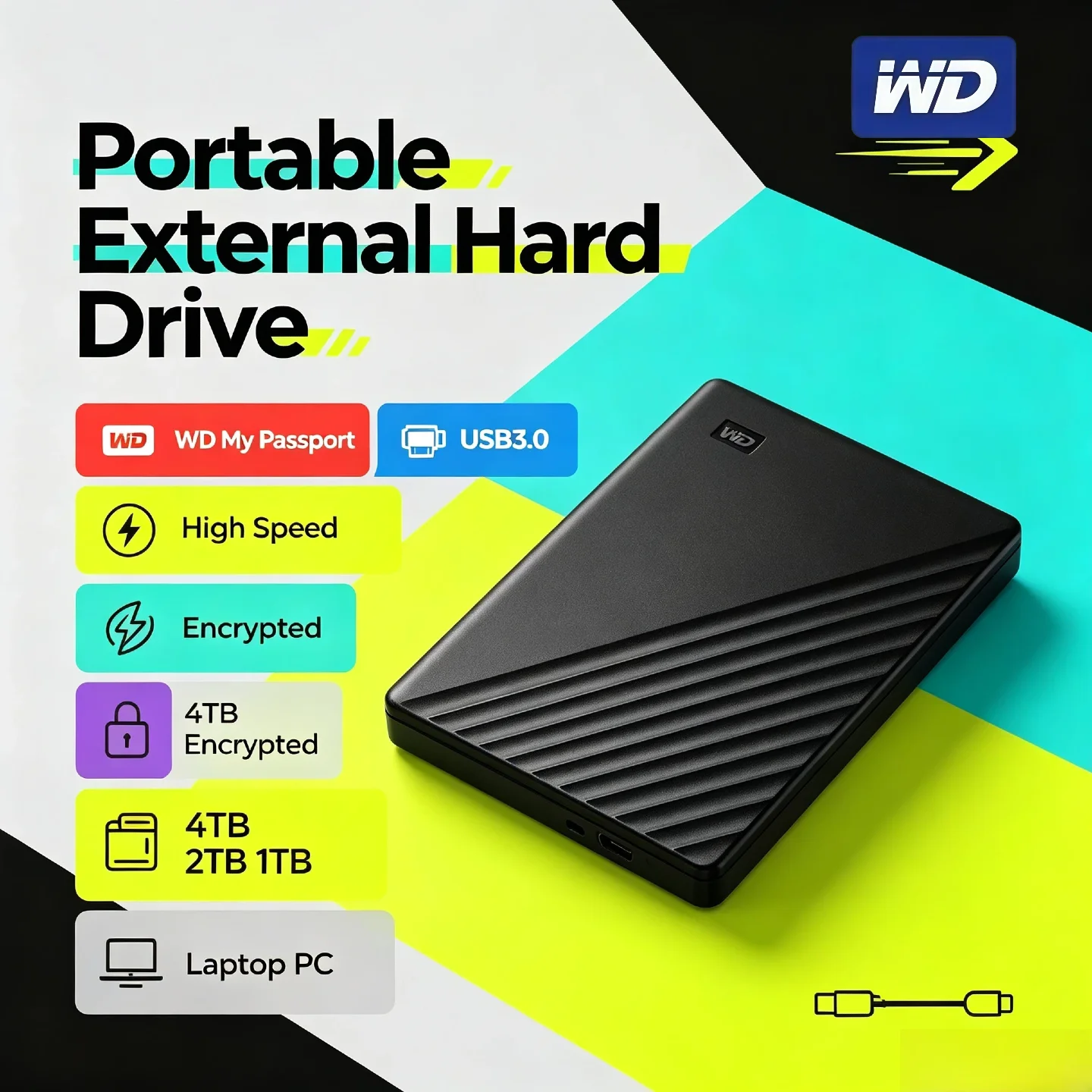 WD My Passport Portable External Hard Drive 1TB 2TB 4TB USB 3.0 Encrypted Mobile Storage High Speed for PC Laptop Unit