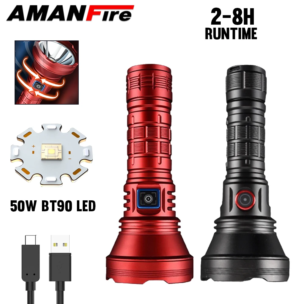 Amanfire-LED戦術懐中電灯,無料ギフトボックス付き,タイプC充電トーチ,超高輝度,50w,bt90,dy900