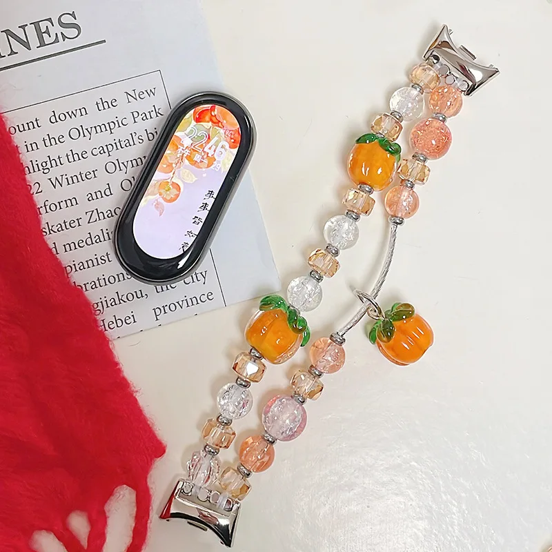 Fashion Jewelry Bracelet for Xiaomi Mi Band 5 6 4 3 Persimmon Bead Wristband for MiBand 9 8 7 Women SmartWatch Strap Accessories