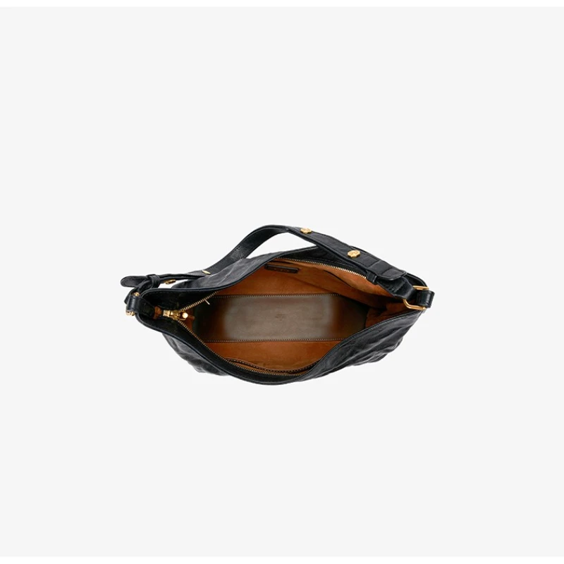 GROTTO 2025 Fashion Black Stone Hobo Small Vegetable-Tanned Lambskin Commuter Single-Shoulder Crossbody Underarm Soft Bag