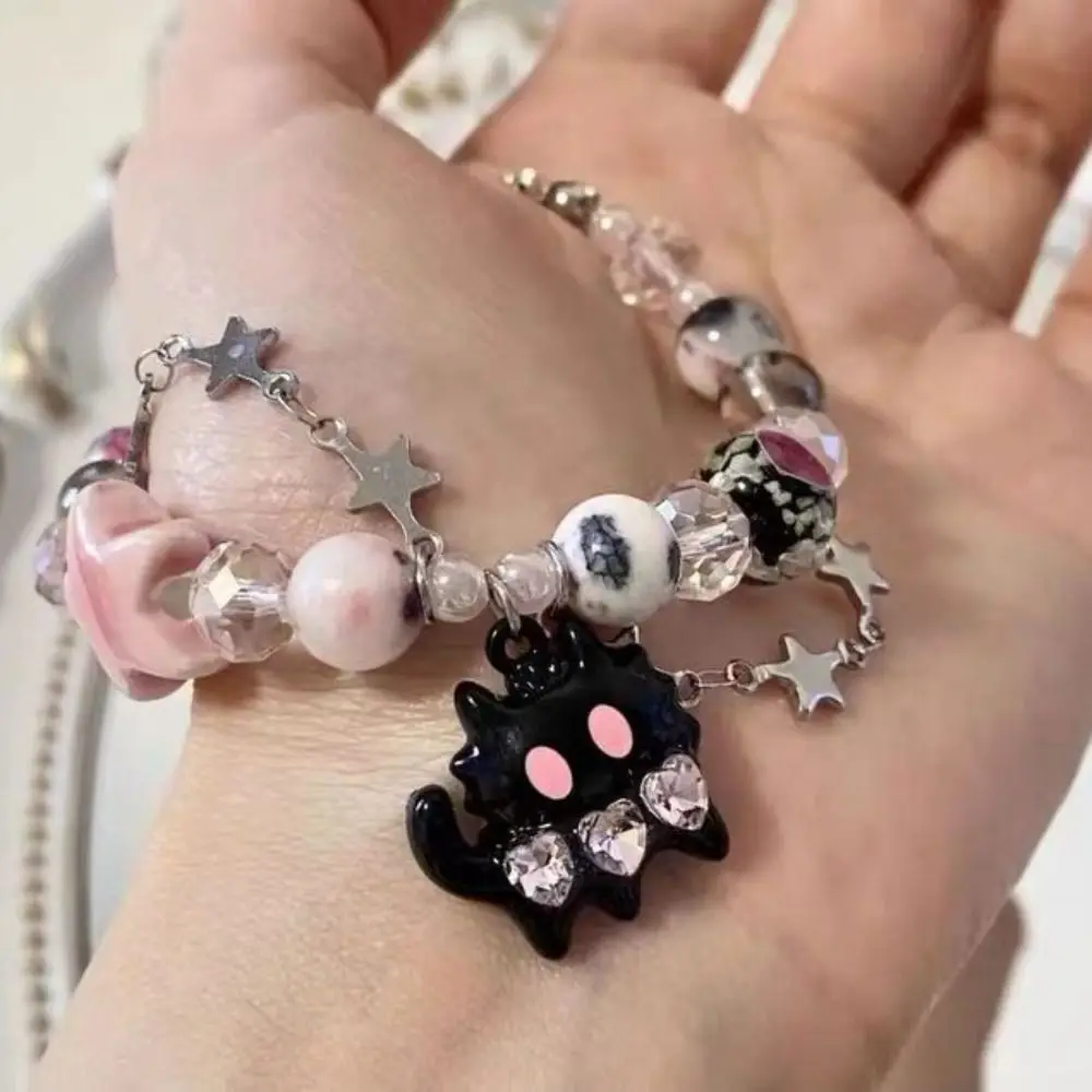 Aesthetic Dopamine Black Cat Heart Bracelet Y2K Beads Pentagram Star Bangle Love Lock Star 2 Layer Hand Chain Summer
