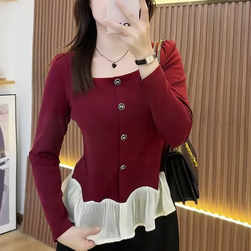 Elegant Cotton Ruffled Square Neck Top for Age Reduction 2025 Autumn and Winter