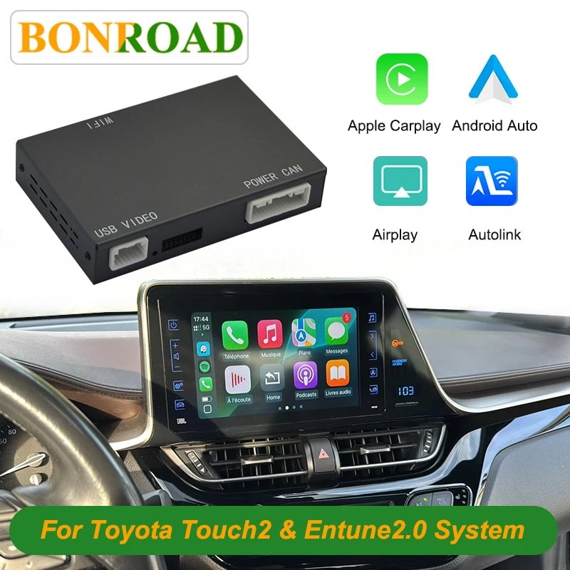 BONROAD Wireless Carplay Android Auto Decoder Box for Toyota Touch 2 Entune 2.0 System, Highlander Tundra Sienna Prius Yaris Camry C-HR, Plug & Play Car Multimedia Upgrade Module