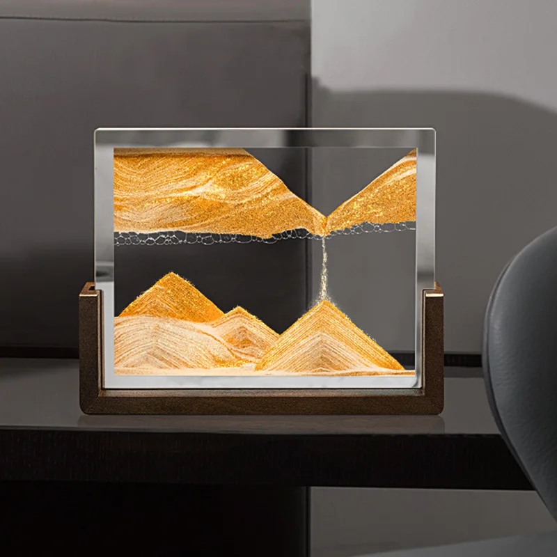 Walnut Wood Frame Sandscape Moving Sand Art Picture Quicksand 3D Hourglass Square Flowing Sand Painting Office Home Decor Gifts