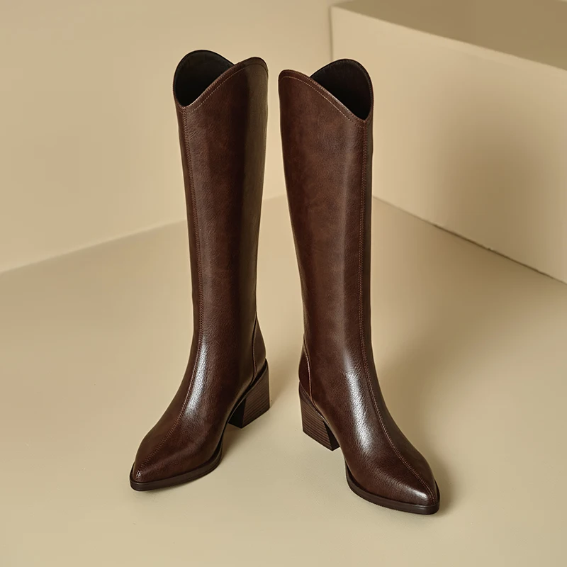ESVEVA 2027 Fashion Genuine Leather Women Knee High Boots Winter Motorcycle Woman Shoes High Heels Warm Autumn Long Boots 34-41