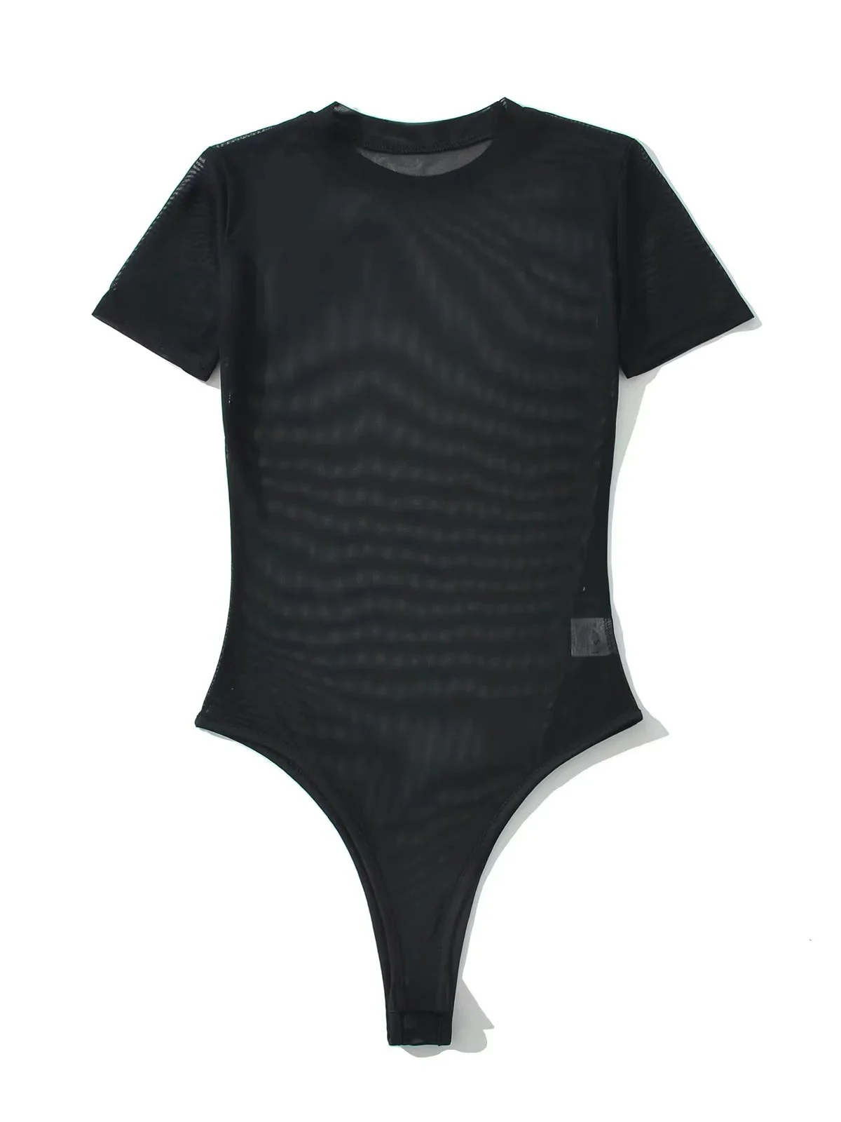 acão Sexy de Manga Curta Estilo Americano para Mulheres, Cseta Base Slimming de Decote Redondo em Malha Transparente