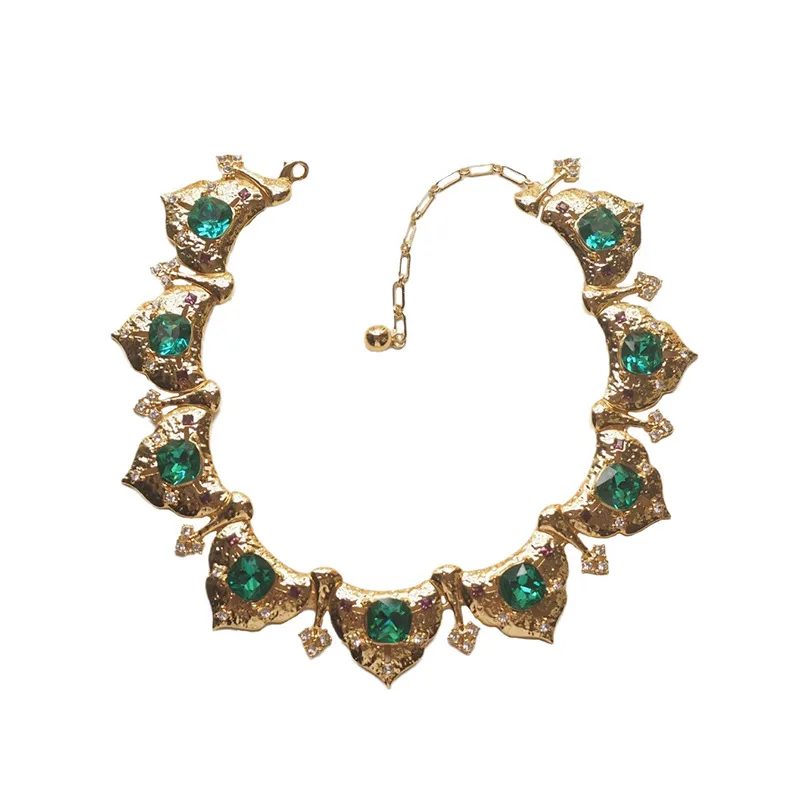 

Edwardian 18K Gold Filled Filigree Emerald Choker Lavaliere Exaggerated Necklace For Women Waterproof Vintage Statement Jewelry
