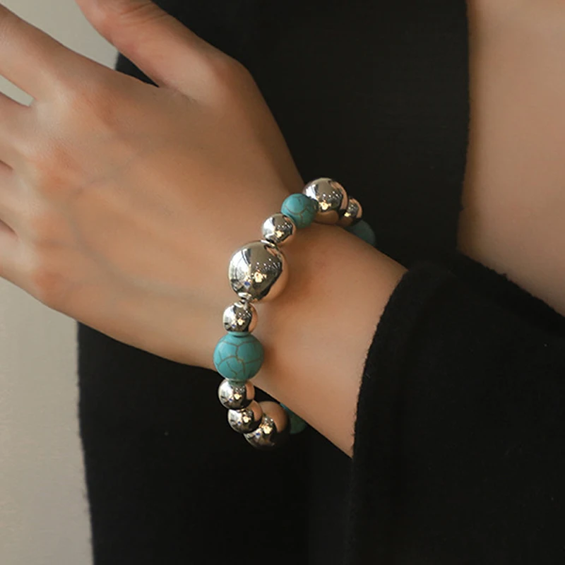 GANEMLY Trendy Artificial Turquoise Beaded Necklace Bracelet Set For Women Silver Color Waterproof High Quality Collar Jewelry