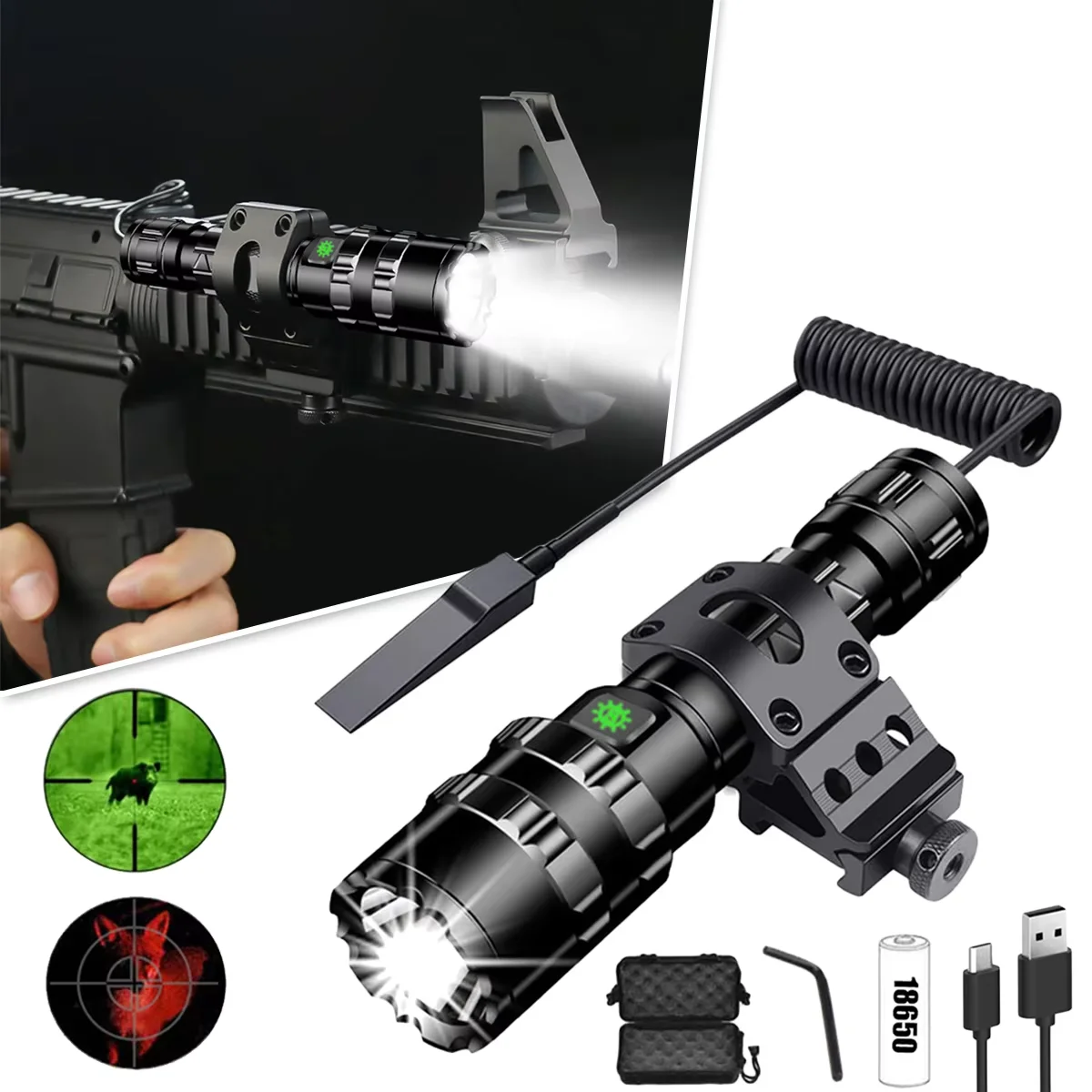 

2025 LED tactical hunting flashlight aluminum waterproof outdoor lighting, with gun holder and multi lens switching flashlight