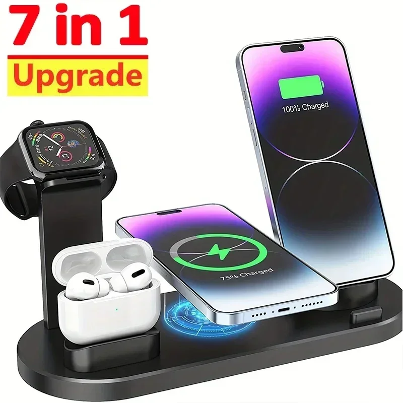 

7 in 1 Wireless Charger Stand Pad For iPhone 16 15 14 13 Pro Max Apple Watch Airpods Pro iWatch 8 7 Fast Charging Dock Station