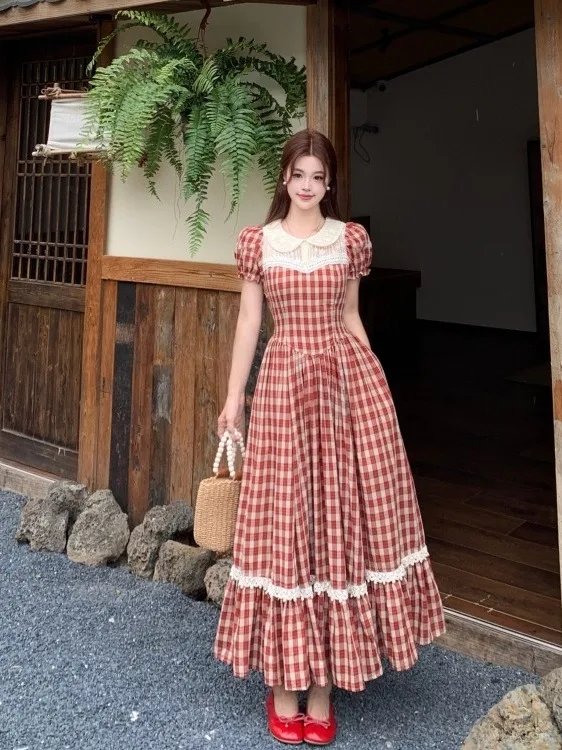 

plus Size Red Plaid Bubble Sleeve Dress A-Line Long Summer New Vintage Waist-Cinching Slimming Design Korean Style Dress