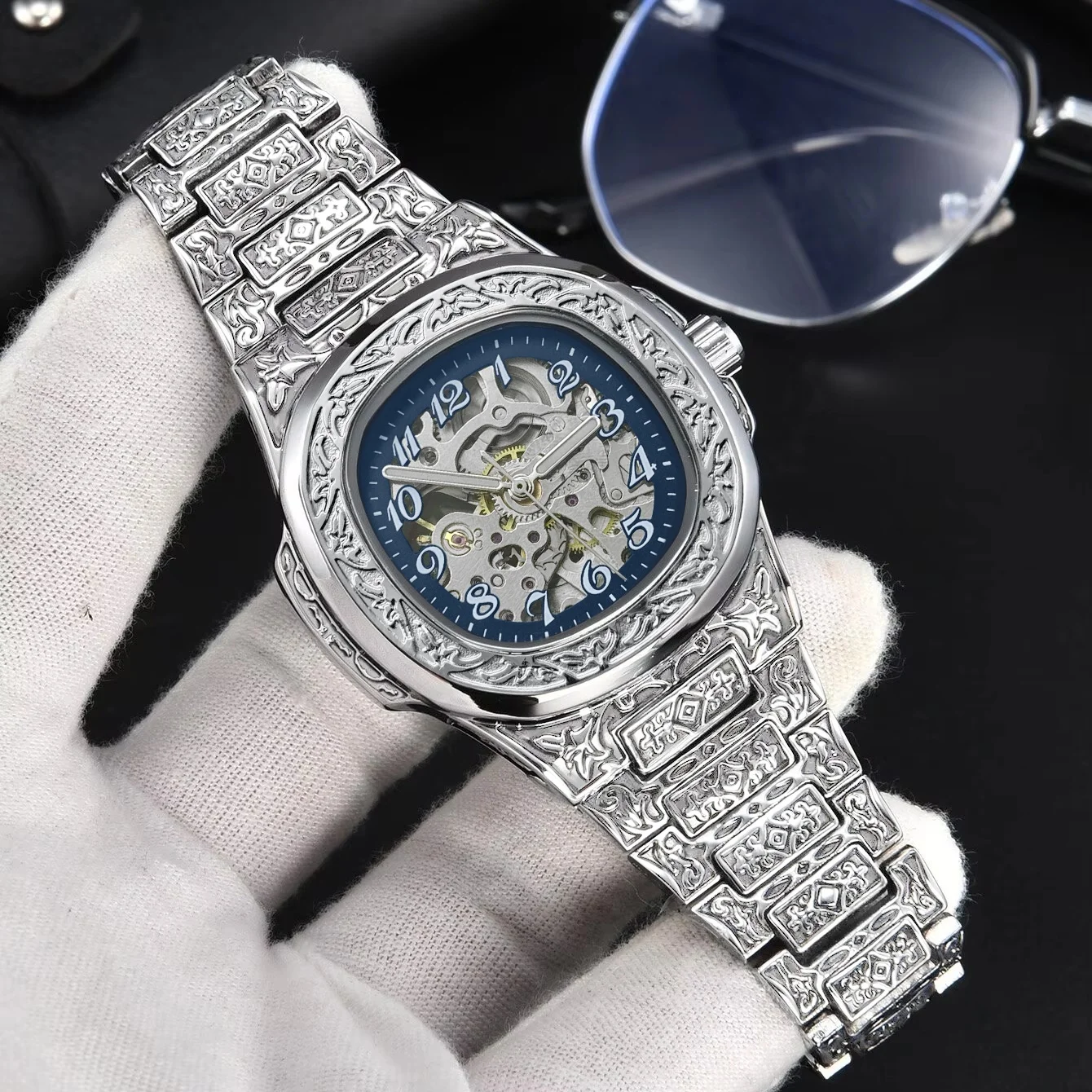 Men's Automatic Mechanical Watch, Vintage Carved Hollow-Out Watch, Waterproof Business Wristwatch, Luxurious Retro Style, Luminous Men's Watch, Fashionable and Trendy, High-End Feel, Mechanical Watch, Business Casual, Hollow-Out Dial, Carved Craftsmanship, Men's Wristwatch, Gift Recommendation, Cross-Border Hot Item