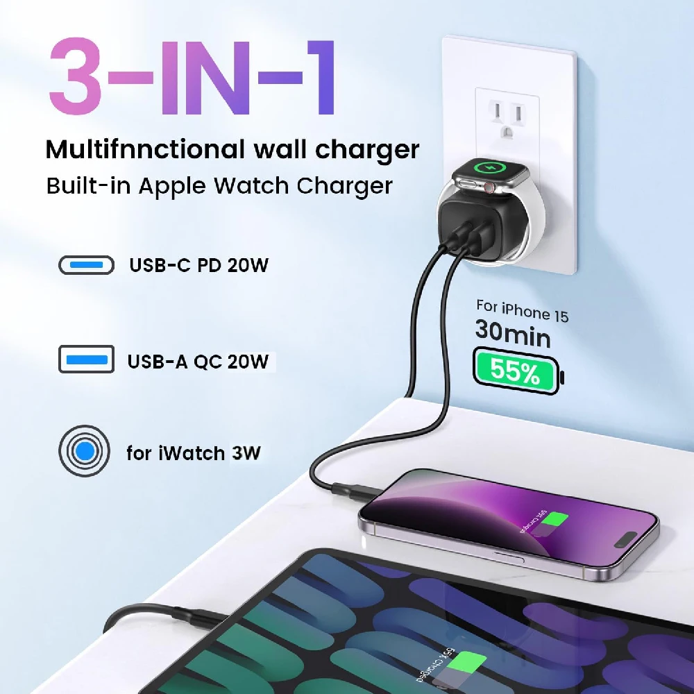 3-in-1 Adapter for Watch, 20W USB C Fast Charging Block with Dual Ports & Magnetic Wireless Adapter, Portable Travel Wall Plug