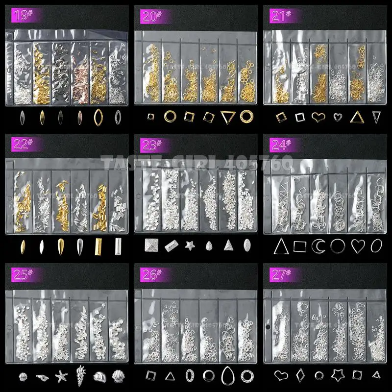 6 Shape/Pack Mix Shapes Gold Silver Black Various Metal Caviars Bars Frame 3D Studs Nail Art Alloy Decorations Manicure Gems