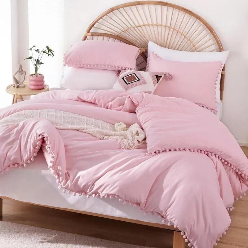 

Pink Full Ball Pom Fringe Design Comforter Set 3pcs, Boho Aesthetic Luxurious Full Bedding Set, Vintage Ultra Soft Microfiber