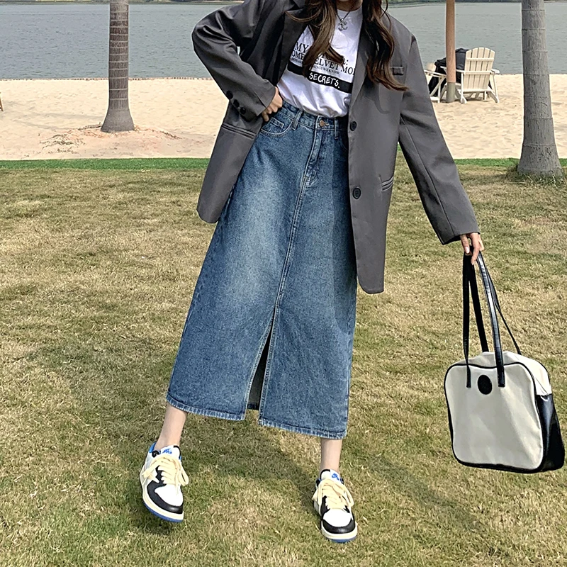 Cintura alta a linha midi denim saia para mulheres plus size coreano sle primavera outono temporada cor comute amigável