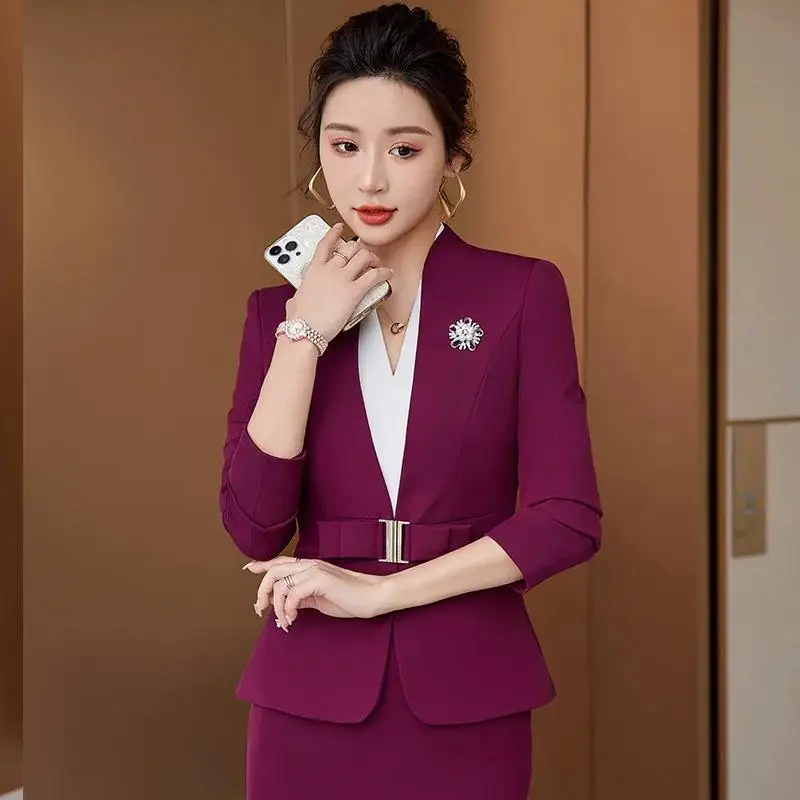 Formal Office Skirt Suit For Womens Spring Blazers Skirt Set Long Sleeve Uniform Elegant Feminino Business Formal Work Suit