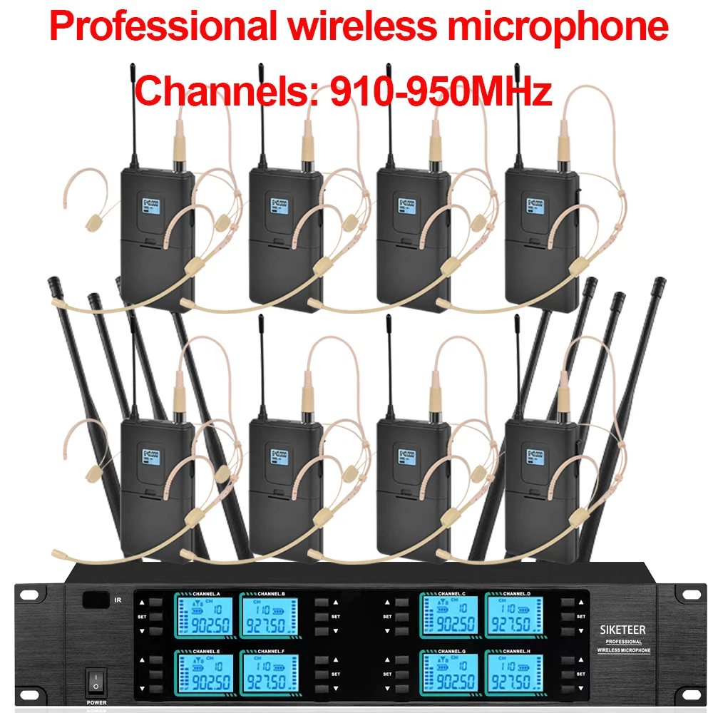 Microphone sans fil, 8 canaux, 910-950 MHz, microphone portable, adapté aux mariages, églises et aux performances sur scène.