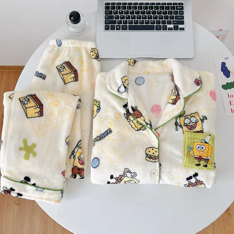 2026 Cartoon SpongeBob Pajamas Coral Velvet Sleepwear for Men and Women Warm Sweet Home Clothes Long Sleeve Set Girl's Gift Toys