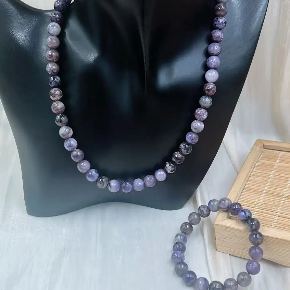 

8mm Purple Vintage Women Natural Round Charoite Gemstone Lucky Energy Bracelet Necklace Jewelry Set 17" 7"