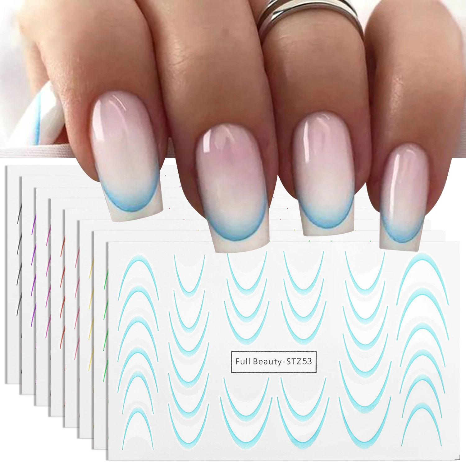 8pcs Gradient French Line Nail Stickers Set Colorful Stripe Wave Lines Designs Decals Watermark Sticker DIY Manicure Decorations