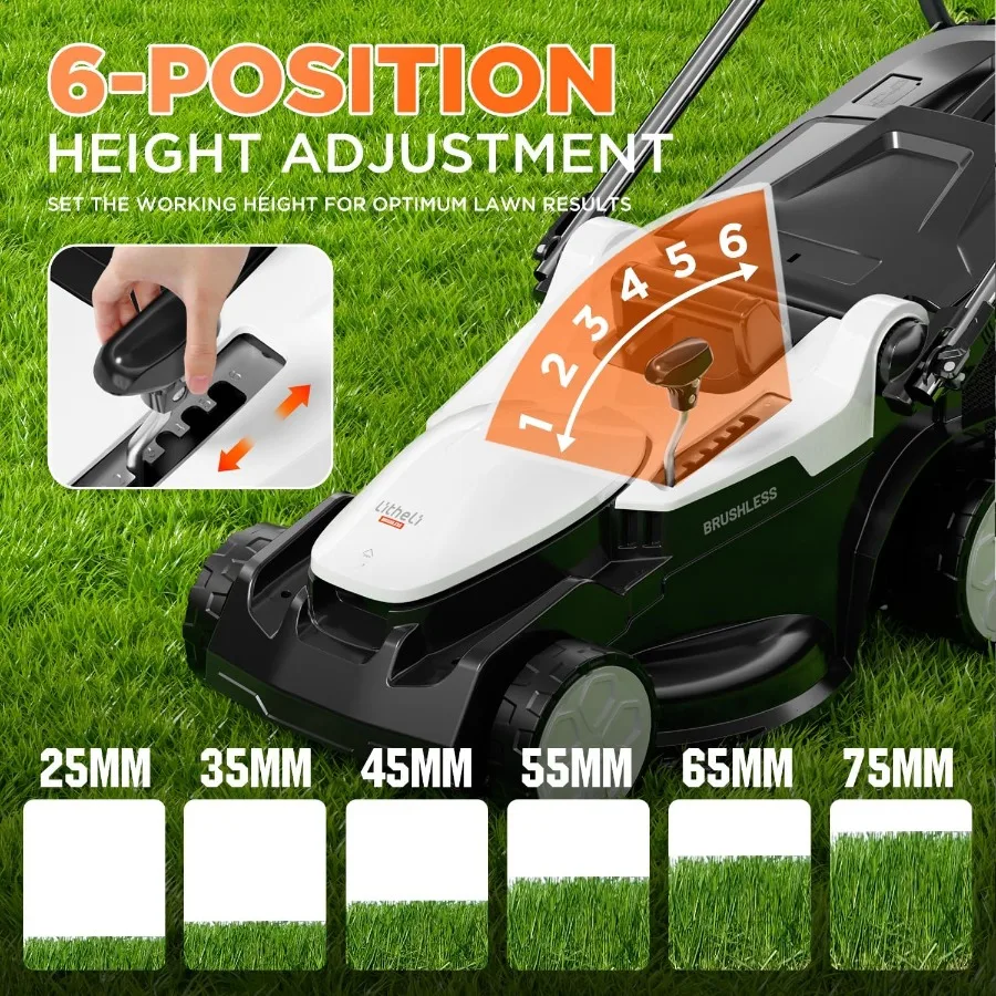 16 Cordless Brushless Electric Lawn Mower with 6 Height Adjustments and 2 x 4.0Ah Batteries Ideal for Large Gardens and Lawns O