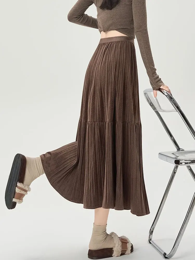 القهوة الخريف الشتاء طيات عادية القطيفة ميدي تنورة للنساء فضفاضة الخصر مكتب OL ألف خط المخملية التنانير الطويلة سيدة