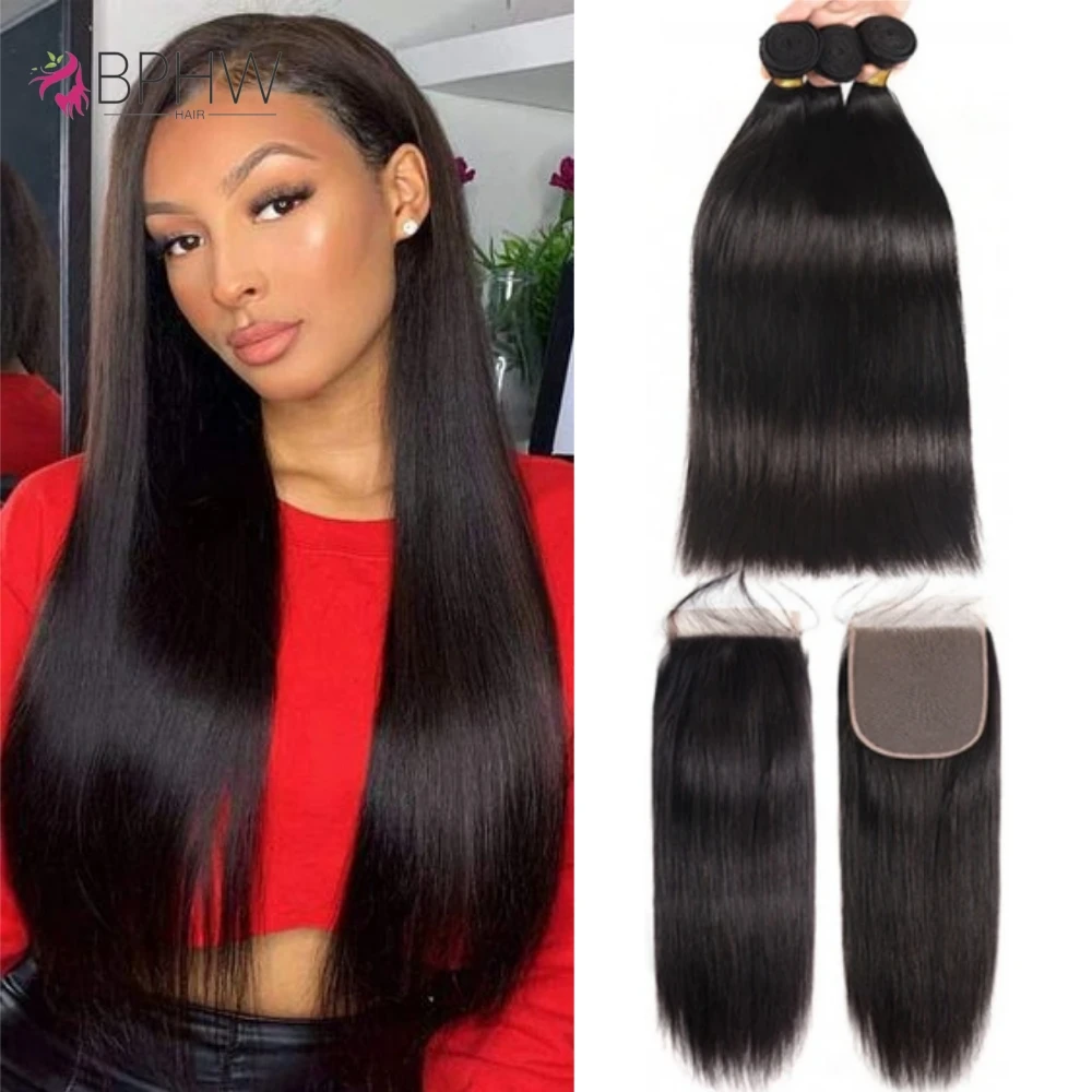 BPHW Straight 3 Bundles With Closure 100% Human Hair Extensions Peruvian Hair 30Inch Bundles With Frontal Natural Color Hair