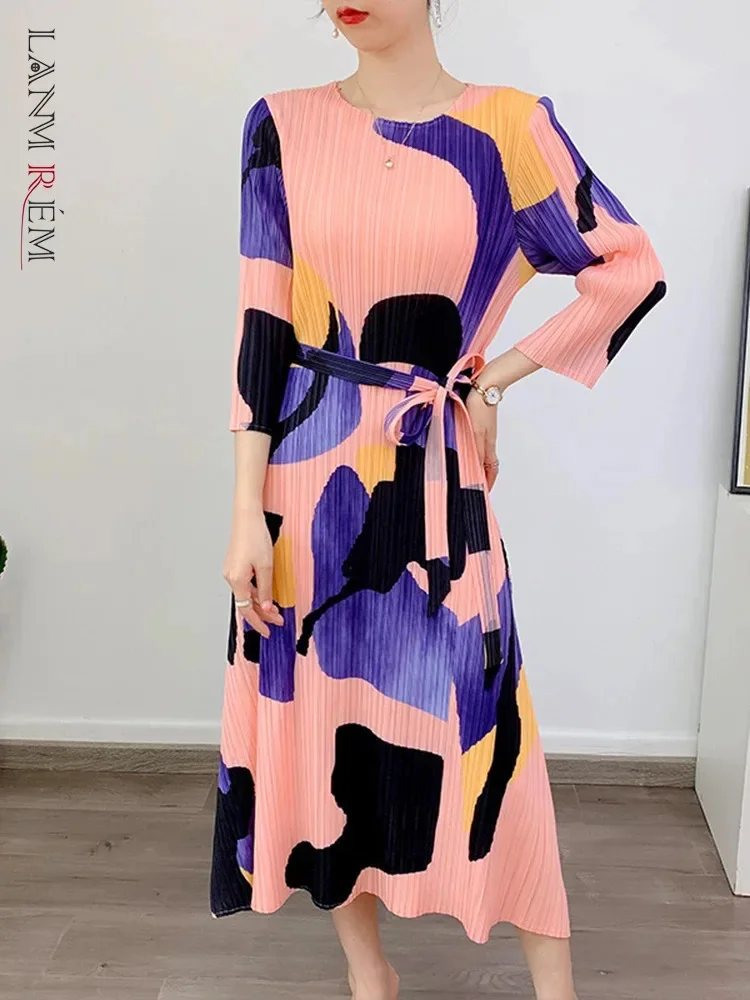 Color Block Pleated Belt Dress For Women Printed Round Neck Long Sleeves High Waist Dresses Fashion Female 2025 2YA1049b