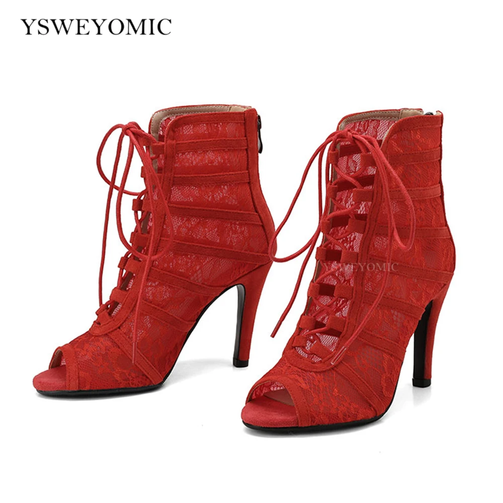 Red Black Lace Mesh Style Dance Booties 9.5cm 11cm 7cm Heels Rubber Sole Latin Salsa Dance High Heels Party Shoes