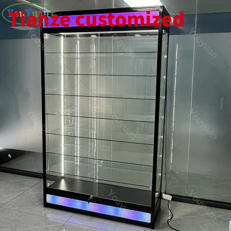 

(Customized) FullDisplay Lockable SlidingStanding Floor Display Cabinet Glass Showcase Smoke Products