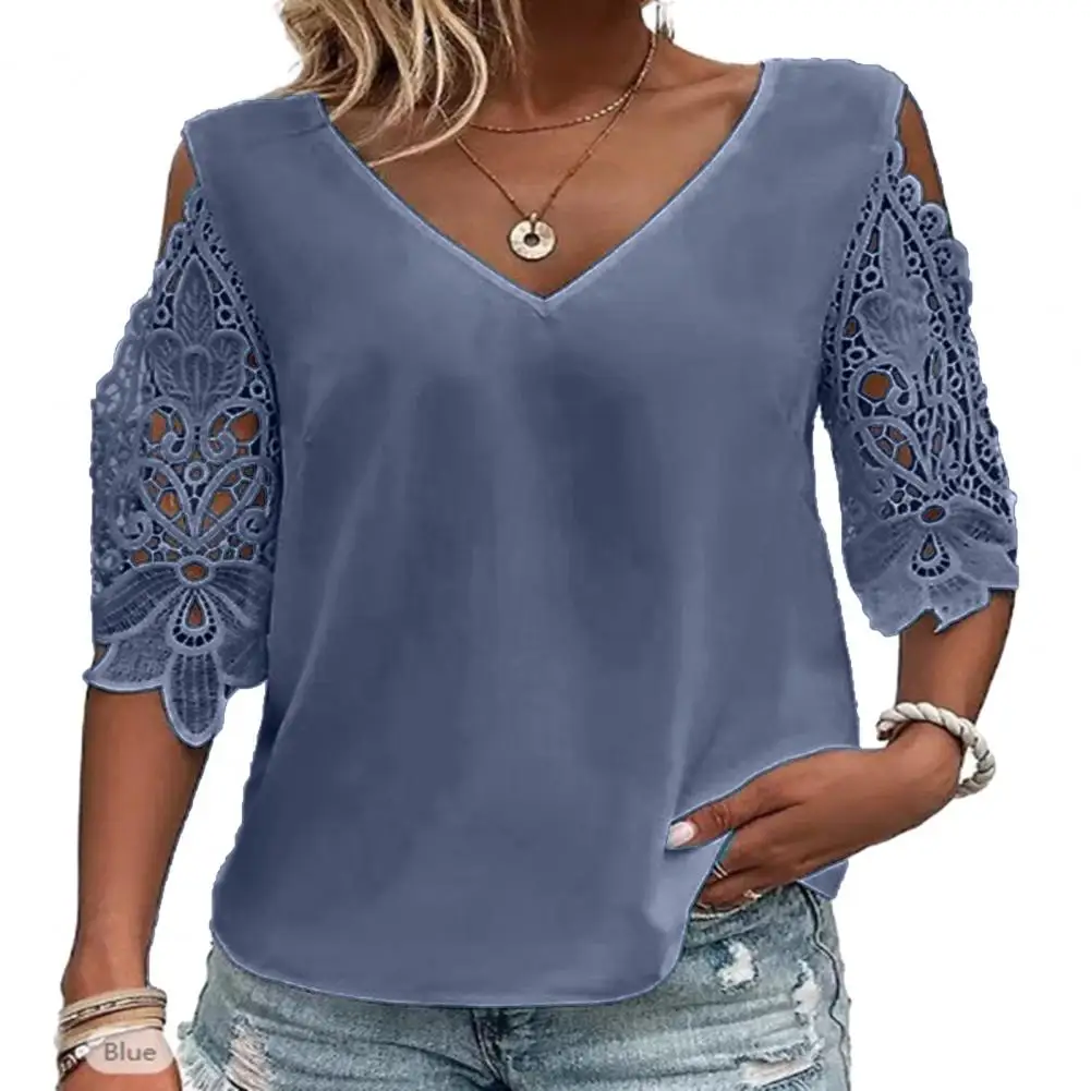 V-Neck Cold Shoulder Shirt Top Blouse Women Hollow Lace Stitching Half Sleeve Thin Casual Loose Solid Color Tops Daily Clothing