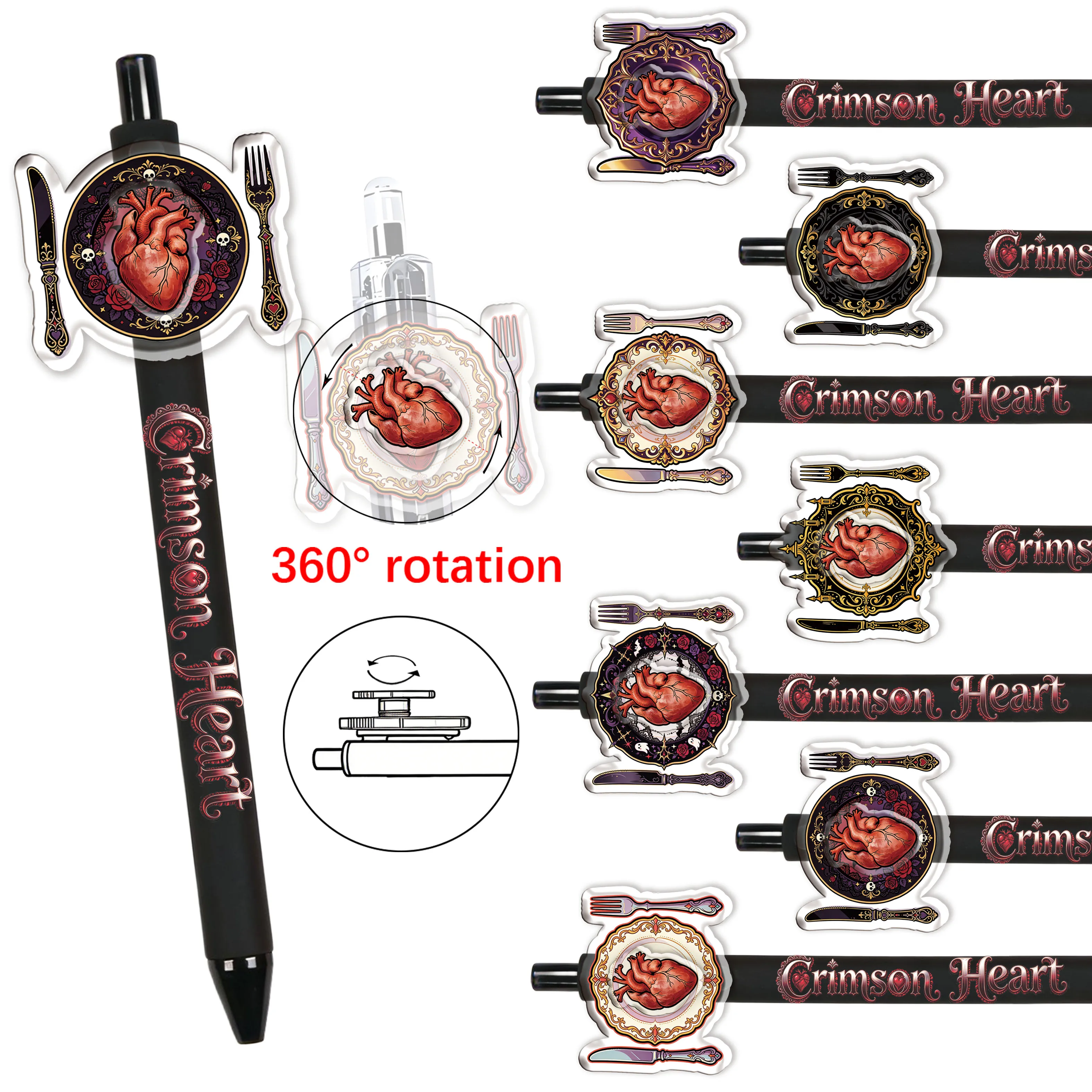 Gothic-Style Design Rotating Ballpoint Pen Student Writing Pen Relaxing Stress-relief Stationery Red Heart Brand
