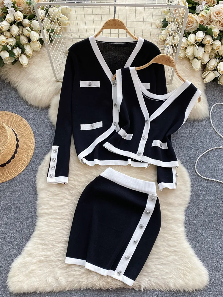 New Vintage Elegant Knit 3 Piece Skirt Sets Outfits For Women Long Sleeve Cardigan + Vest + Mini Skirt Stylish Matching Set