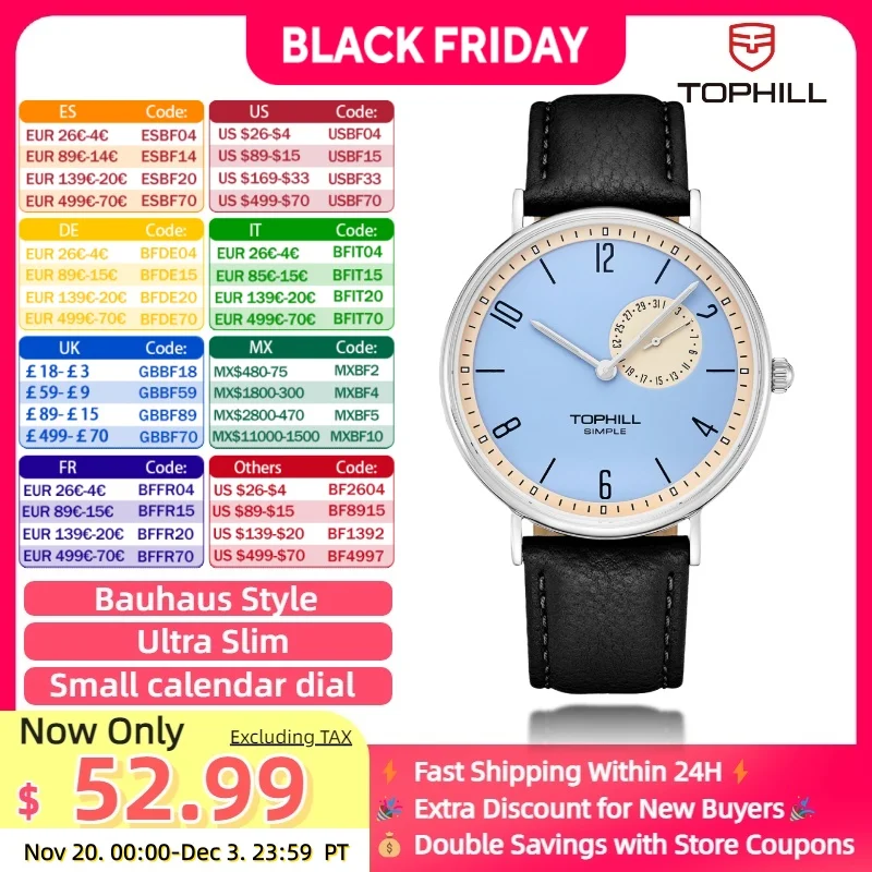 

TOPHILL Мужские кварцевые часы Часы Bauhaus 40 мм Минималистичный дизайн Корпус из нержавеющей стали Сапфировое стекло кожаный ремешок