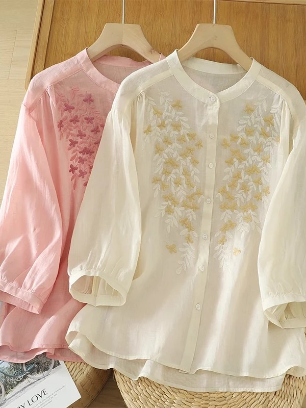 

Ele Embroidered Loose Fit Linen irt Women's Summer New Sle Slimming Seven Sve Lightweight Small Top Korean Sle