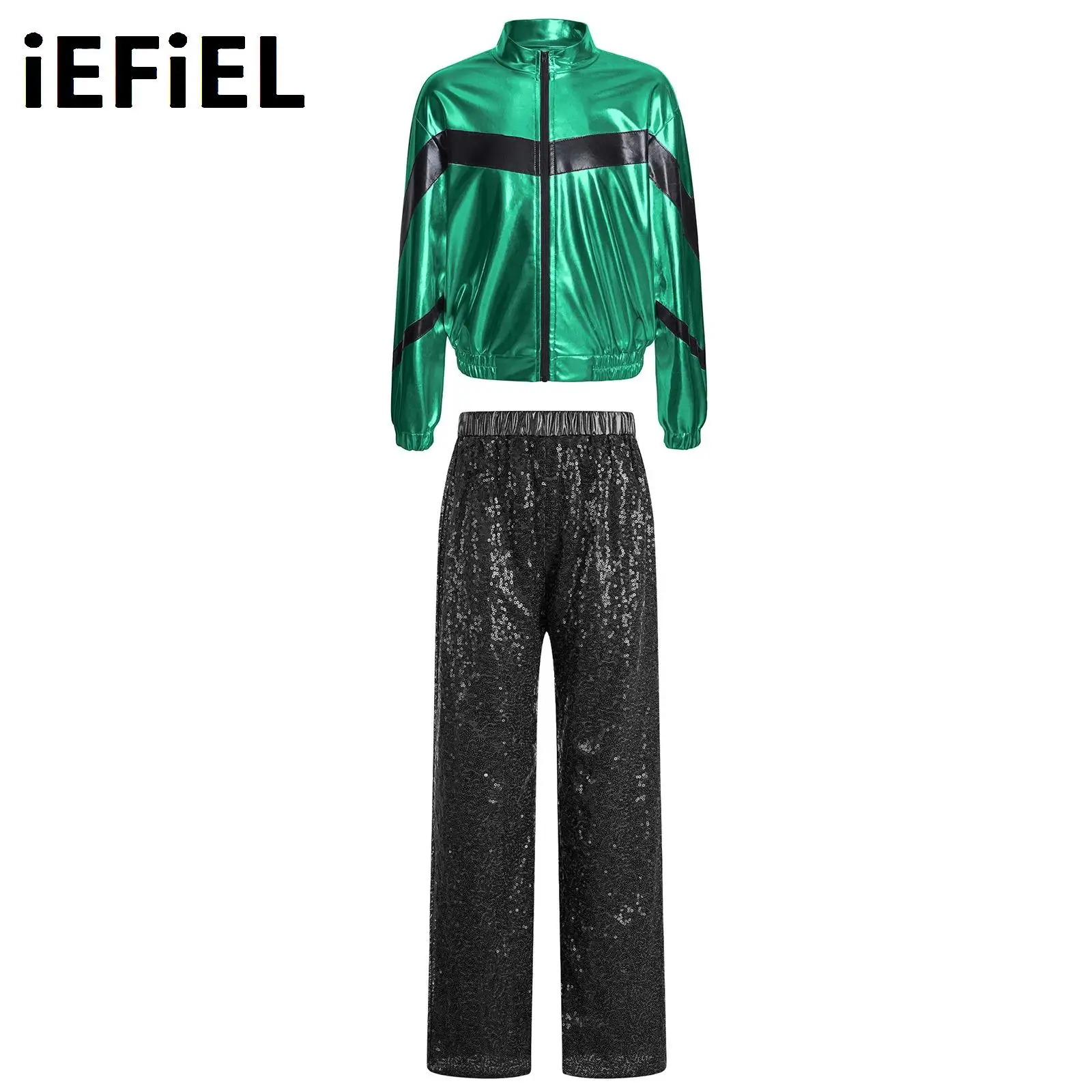 

Kids Girls Jazz Dance Sets Contrast Color Stand Collar Long Sleeve Metallic Jacket with Sparkling Sequin Pants for Party