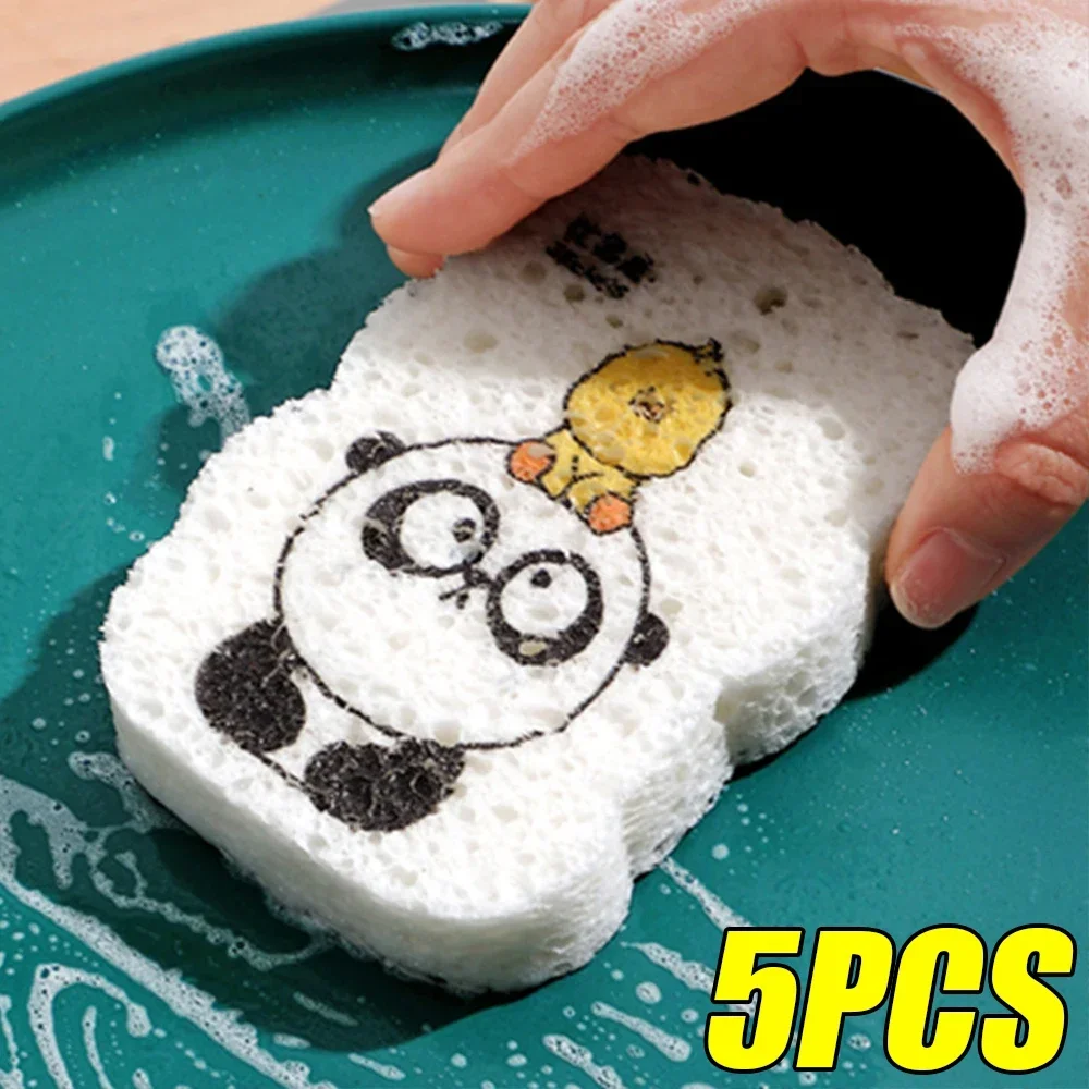 5/1pcs Dishwashing Sponge Wipe Cartoon Scouring Pad Cute Compressed Wood Pulp Cotton Kitchen Pot Dish Brush Cleaning Accessories