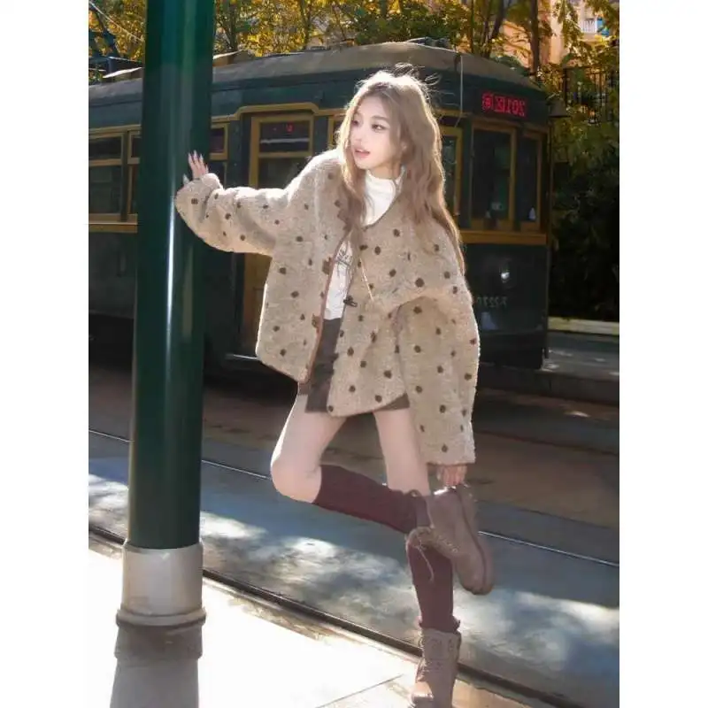 

Женское пальто-кардиган 2026 Весна-Осень, двустороннее замшевое, новое, из искусственного меха, в горошек, плюшевое, утепленное