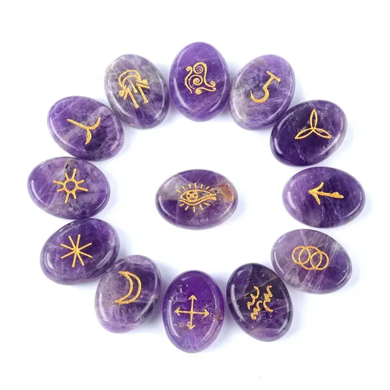 13pcs/Set Witch Rune Ornaments Natural Stone Crystal Agate Quartz Engraved Rune Oval Beads for Jewelry Making DIY Accessories