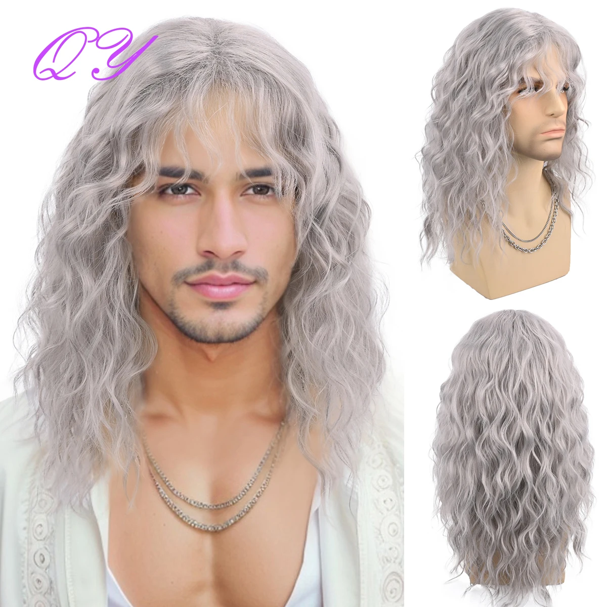 Qy High Quality Synthetic Men's Wig Grey Water Ripple Fringe Wig Punk Rock Style Handsome Wig Cos Wigs Suitable For Everyday Use