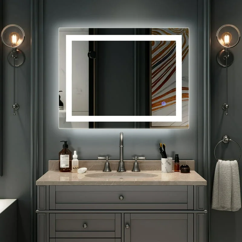 

Simple LED Lighted Bathroom Wall Mounted Mirror Vanity Or Bathroom Wall Hanging Rectangle Vertical ,Anti Fog+IP67 Waterproof