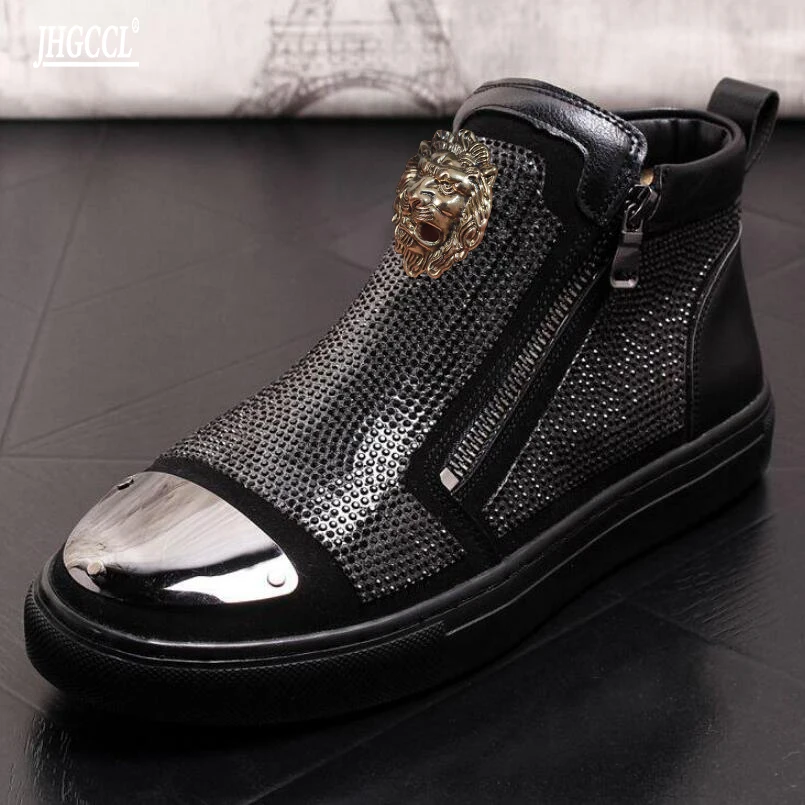 Black Shining Luxury Rhinestone High Tops Zip Men Sneakers Punk Casual Shoes Male Ankle Boots Zapatillas Hombre A4