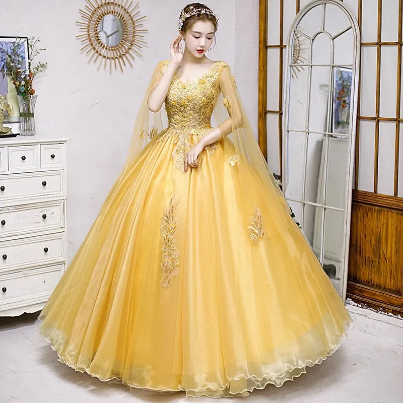 Gold Yellow Lace Appliques Tulle Quinceanera Dresses 2024 V Neck Prom Evening Party Gown Sleeve robes 15 Years