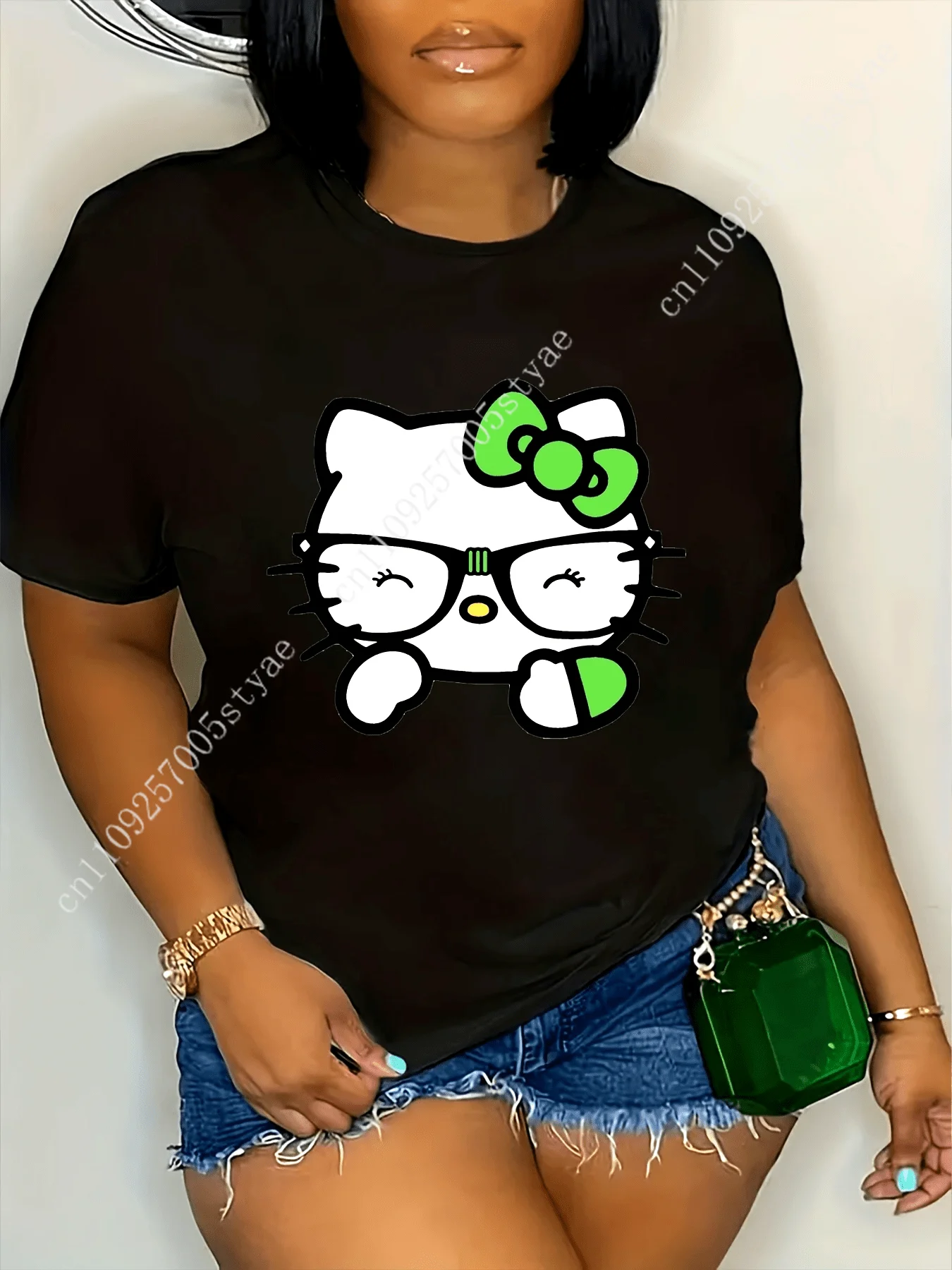 

St. Patrick'S Day Sanrio Women'S Plus Size T-shirt 220g Hello Kitty Green Lucky Clover Casual & Comfy Short Sleeve Cartoon Graph